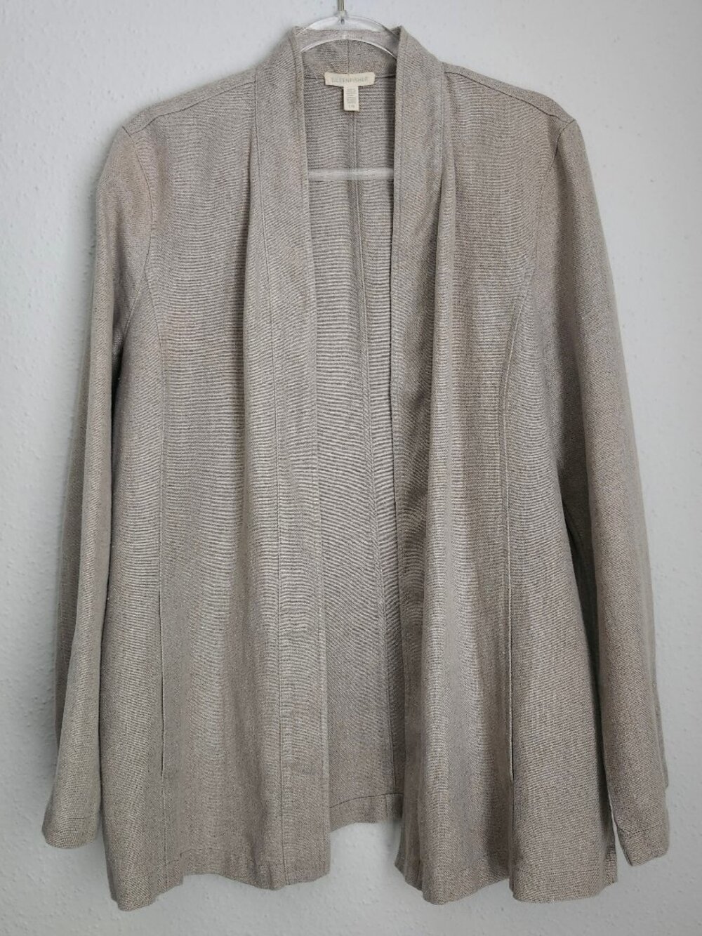 EILEEN FISHER 100% Organic Linen Open Front Oat Blazer L Lagenlook Minimalist